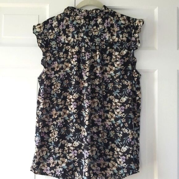 BLOUSOLOGY SLEEVELESS RUFFLE POPOVER TOP BLOUSE LARGE FLORAL FLOWY FALL BLACK - Picture 9 of 12